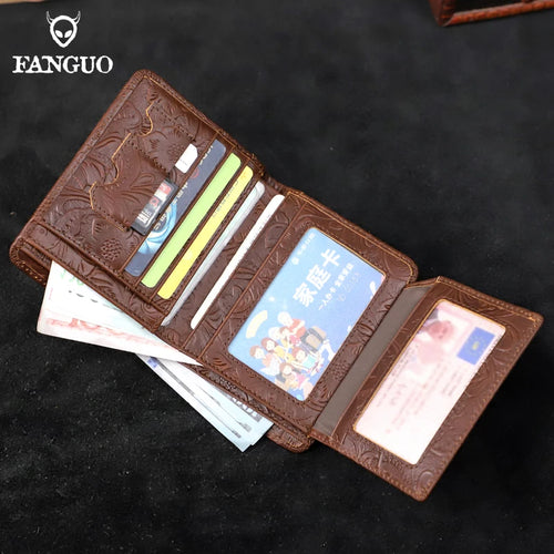 RFID Genuine Leather Men's Short Wallet – Floral Embossed Bifold