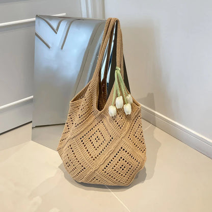 Large Crochet Knit Tote Bag – Vintage Cotton Shoulder Shopper