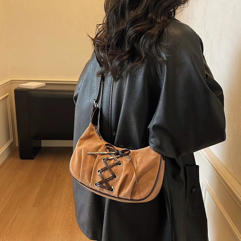 Moods Women Crescent Underarm Shoulder Bags Lacing Design Pu Suede Armpit Hobo Bag Winter Latest