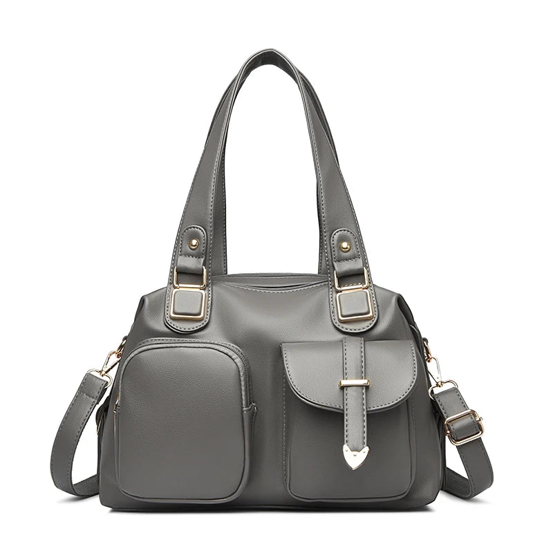 Leather Tote Handbag with Dual Front Pockets & Arrow Hardware