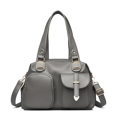 Leather Tote Handbag with Dual Front Pockets & Arrow Hardware