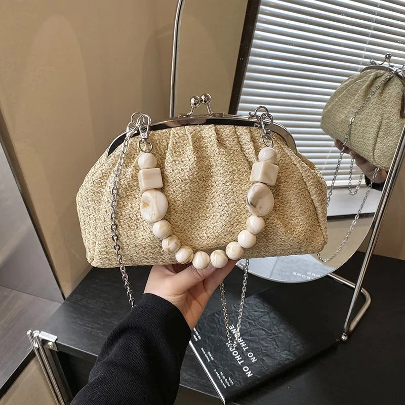 Kiss Lock Clutch Bag – Vintage Woven Beaded Handle Handbag