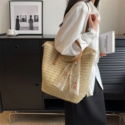 Straw Tote Bag for Women – Large Handwoven Shoulder Bag with Scarf