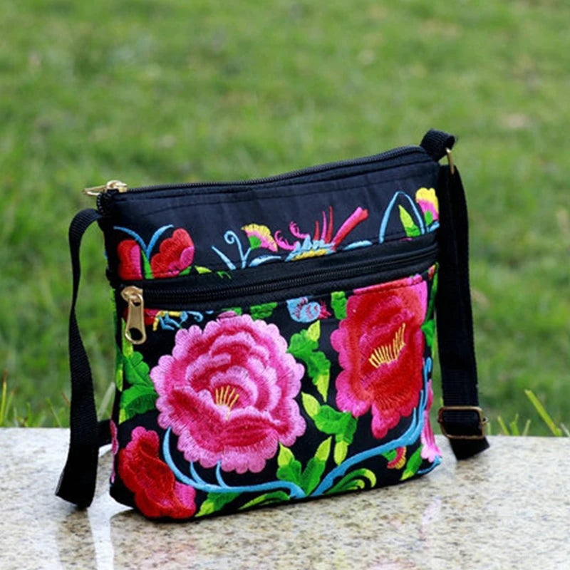 Embroidered Canvas Crossbody Bag – Ethnic Floral Shoulder Bag