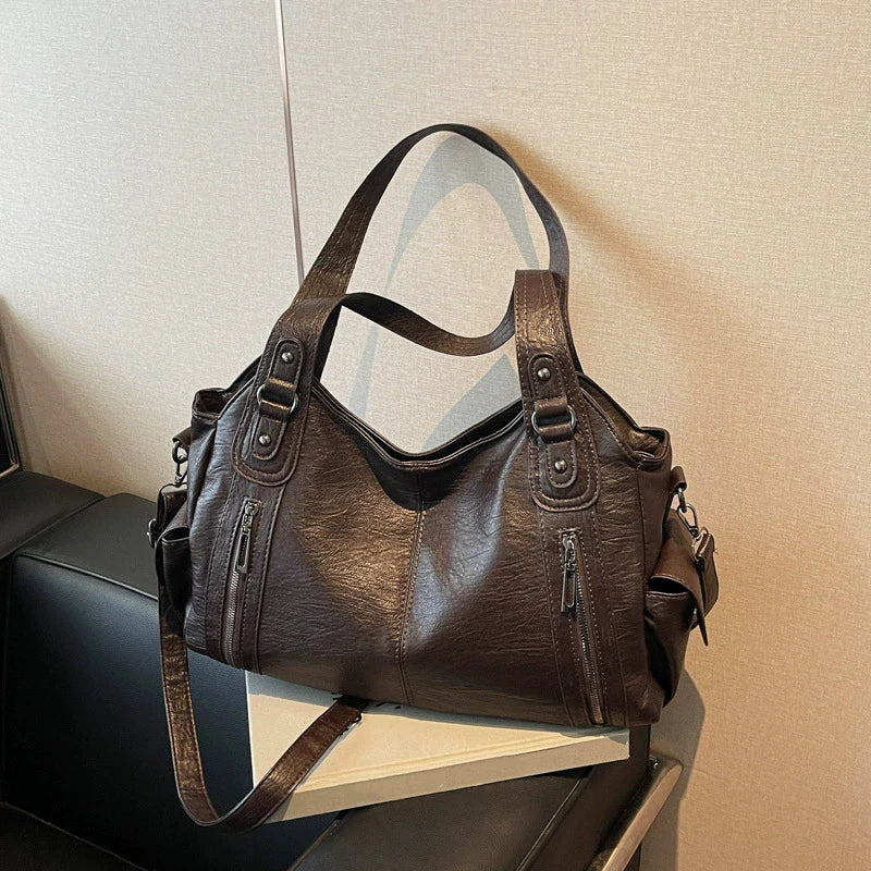 Women's PU Leather Shoulder Bag with Dual Zipper Pockets