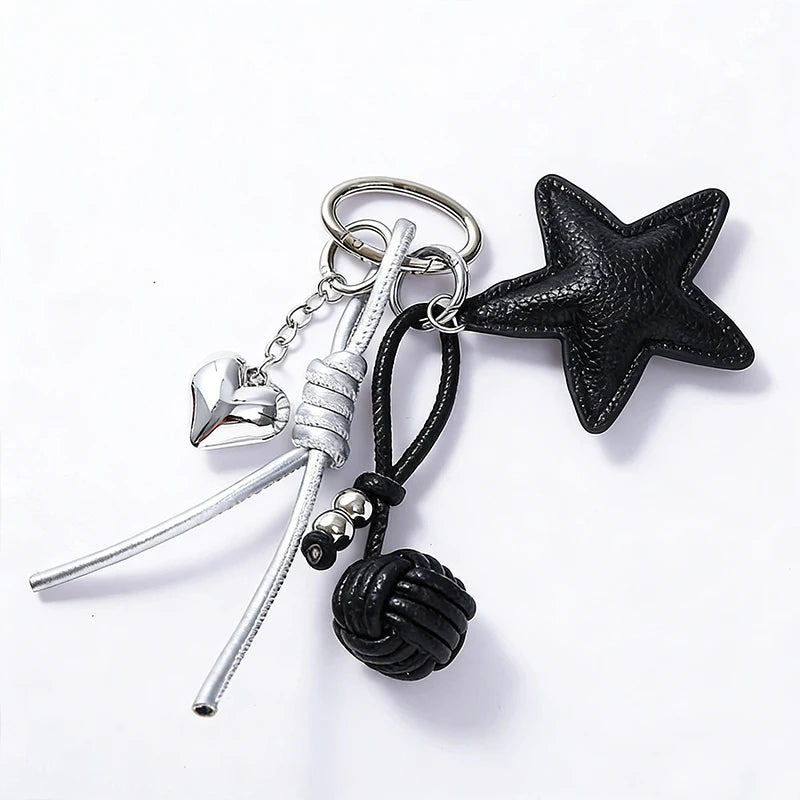 Star Leather Keychain Bag Charm – Cute Heart Pendant with Braided Tassel