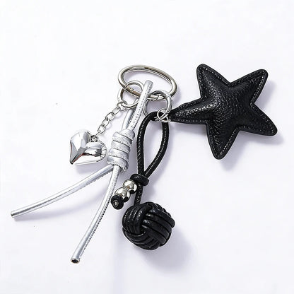 Star Leather Keychain Bag Charm – Cute Heart Pendant with Braided Tassel