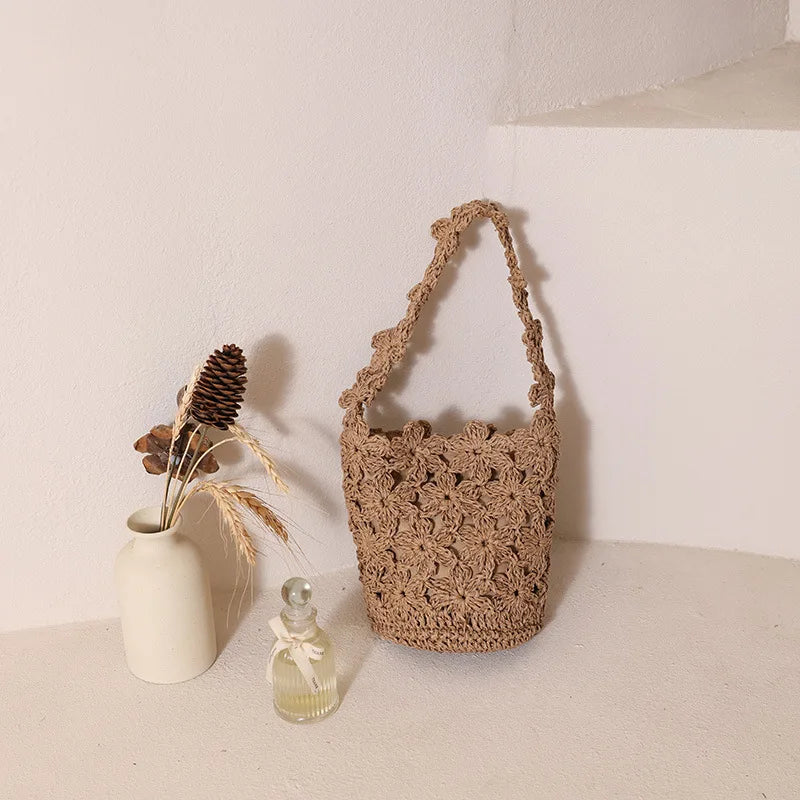 Floral Woven Bucket Bag – Women's Boho Shoulder Bag