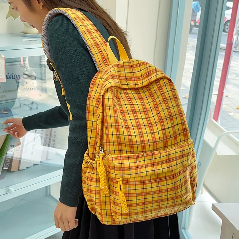 Plaid Nylon Backpack – Large Capacity Student Daypack