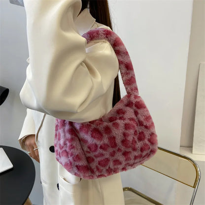 Fluffy Leopard Print Plush Bag – Women's Mini Shoulder Underarm Tote