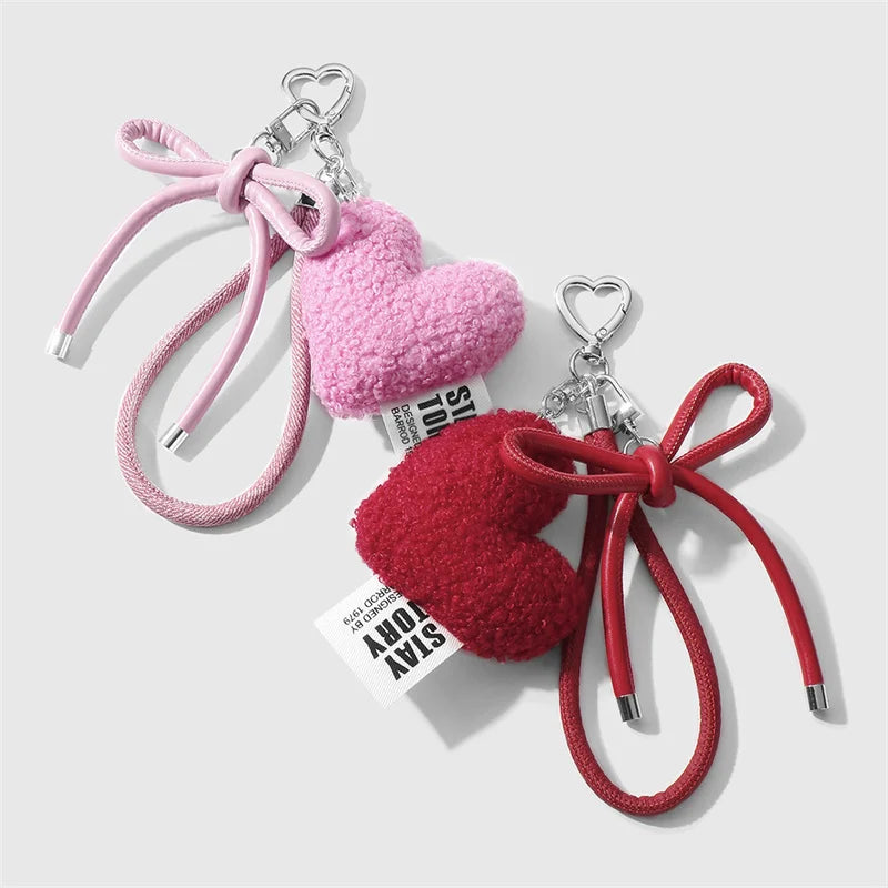 Plush Heart Keychain Bag Charm with Bow & Wrist Lanyard