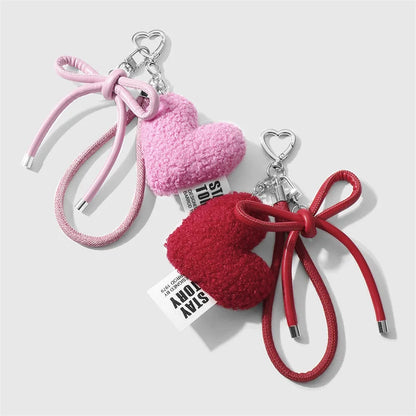 Plush Heart Keychain Bag Charm with Bow & Wrist Lanyard