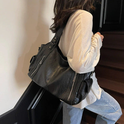 Women's PU Leather Shoulder Bag with Dual Zipper Pockets
