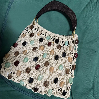 Bohemian Woven Handbag — Beaded Tote with Wooden Handle