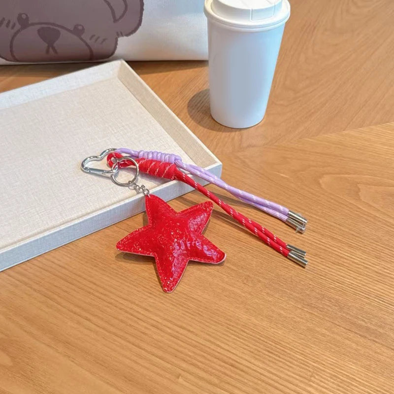 Bow Leather Charm Keychain with Braided Rope – Cute Bag Accessory