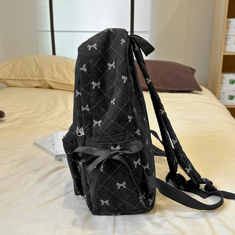 Corduroy Bow Backpack – Cute School Bag for Girls & College Students
