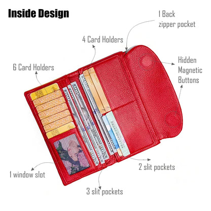 Genuine Leather Tri-Fold Long Wallet for Women – Patchwork Color-Block Purse