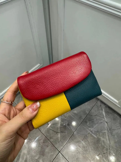 Patchwork Genuine Cowhide Leather Trifold Wallet with Magnetic Closure