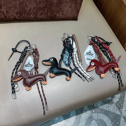 Dachshund PU Leather Keychain Bag Charm with Braided Tassel