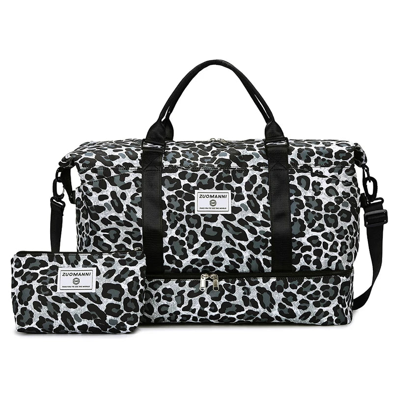 Leopard Print Travel Duffle Bag Set with Cosmetic Pouch