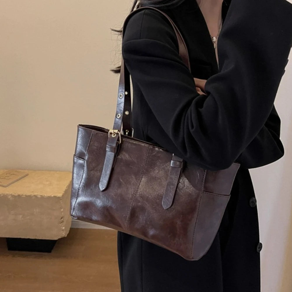 PU Leather Tote Bag Retro Large Capacity Women's Shoulder Bag