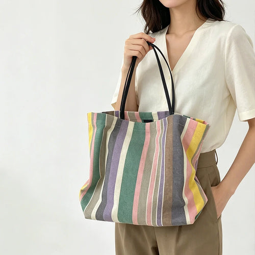 Rainbow Striped Tote Bag – Designer Shoulder Bag with Card Holder