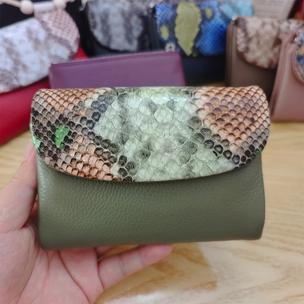 Python Pattern Genuine Leather Short Wallet & Card Holder for Women