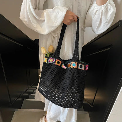 Bohemian Crochet Beach Tote Bag with Colorful Floral Trim