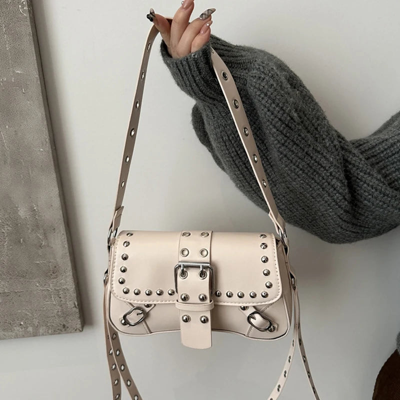 Women's Punk Rivet Shoulder Bag – Edgy Armpit Purse with Buckle