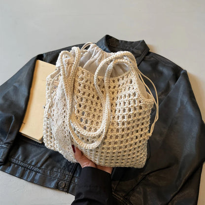 Crochet Tote Bag with Lace Bow – Large Boho Beach Bag