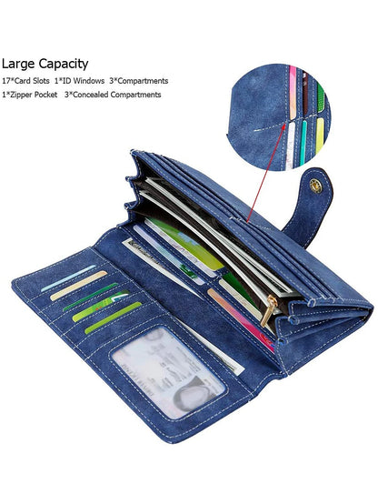 Women's Long Wallet – 17 Card Slots, ID Window & Zipper Coin Purse
