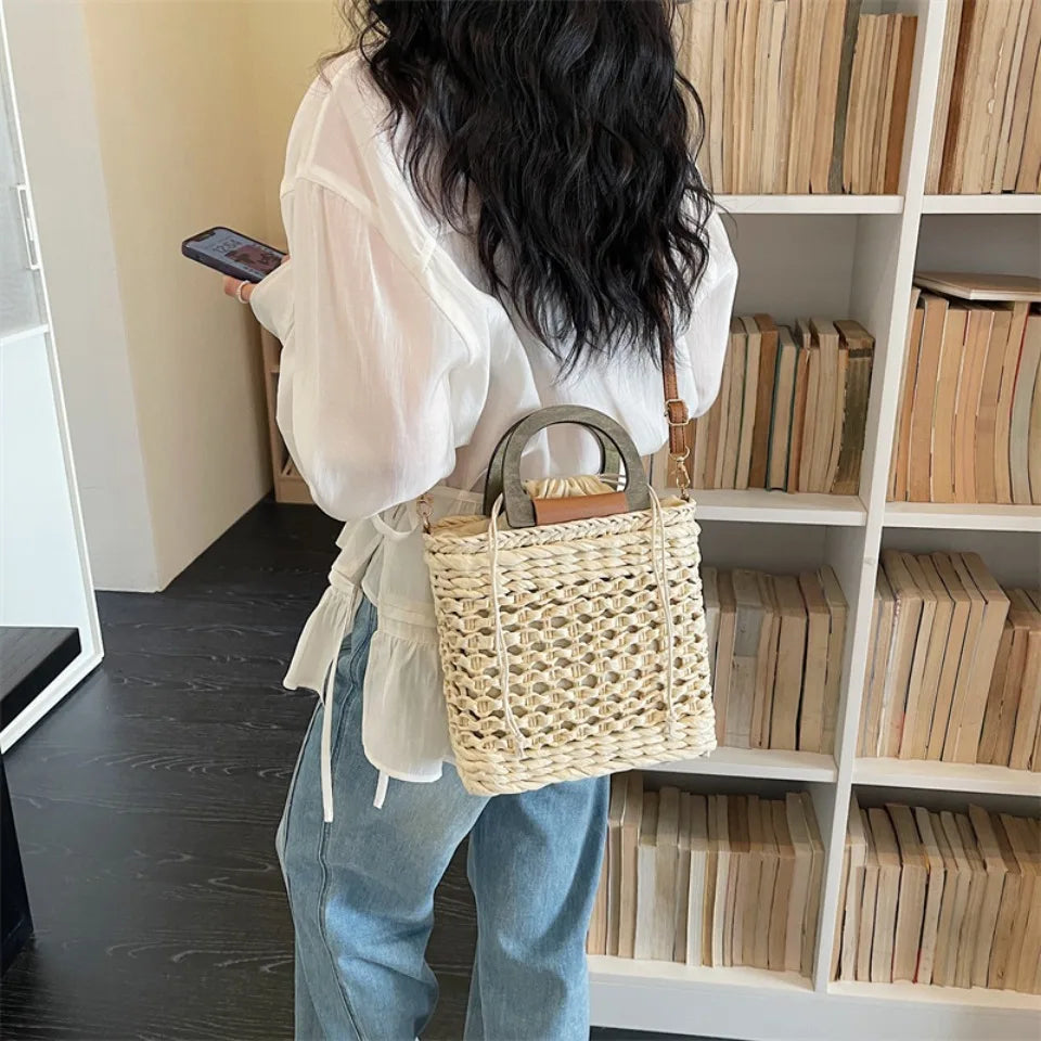 Women's Handmade Woven Straw Beach Tote Bag with Wooden Handle