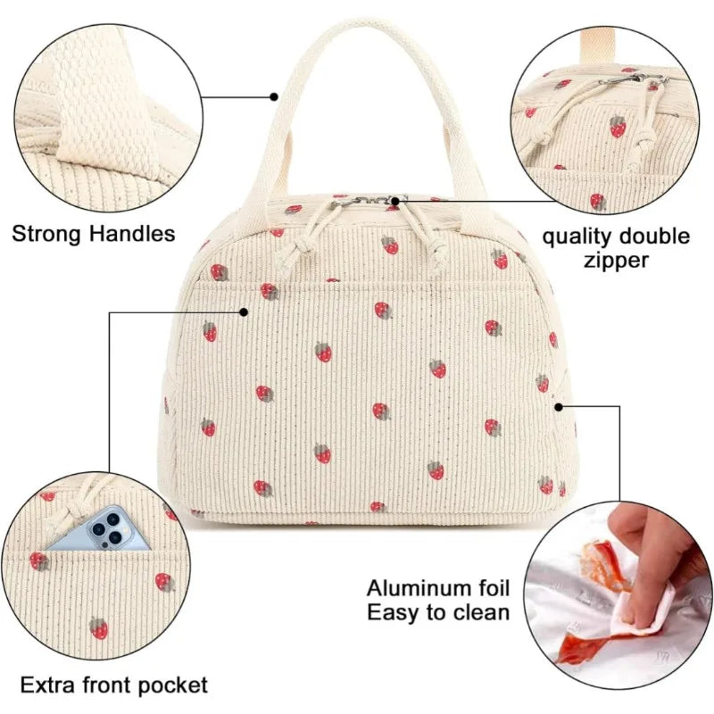Corduroy Lunch Bag Thermal Insulation Box Storage Handbag Multifunctional Kid School Cooler Picnic