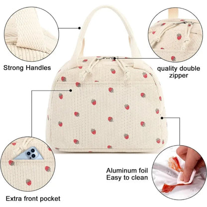 Corduroy Lunch Bag Thermal Insulation Box Storage Handbag Multifunctional Kid School Cooler Picnic