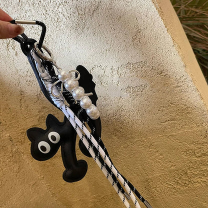 Cute Leather Cat Keychain Bag Charm with Pearl Rope