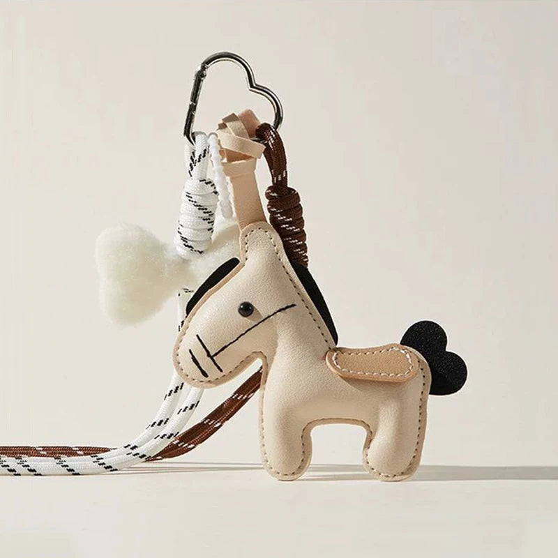 PU Leather Pony Keychain Bag Charm with Braided Rope & Bow