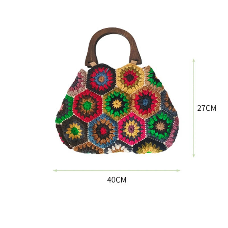 Bohemian Granny Squarecrochet Women Handbags Vintage Wooden Knitted Hand Bags Handmade Woven Large