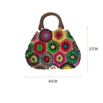 Bohemian Granny Squarecrochet Women Handbags Vintage Wooden Knitted Hand Bags Handmade Woven Large