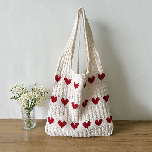 Knitted Heart Pattern Shoulder Tote Bag for Women