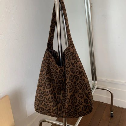 Leopard Print Tote Bag for Women – Large Suede Bucket Shoulder Bag