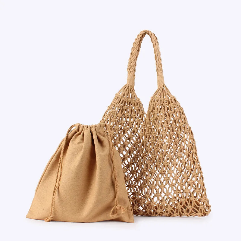 Crochet Beach Tote Bag – Boho Woven Handbag with Inner Pouch