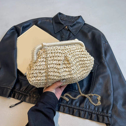 Straw Woven Cloud Bag – Gold Chain Shoulder Purse for Women