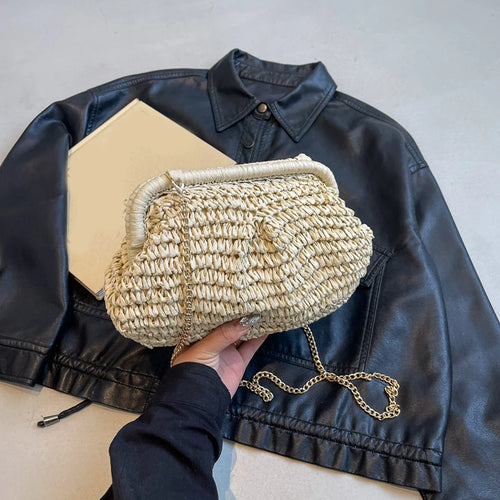 Straw Woven Cloud Bag – Gold Chain Shoulder Purse for Women