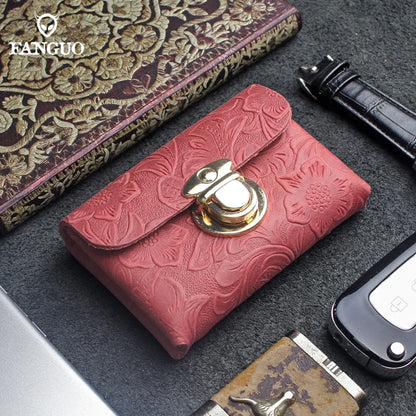 Genuine Leather Card Holder Wallet with Floral Embossing & Twist Lock