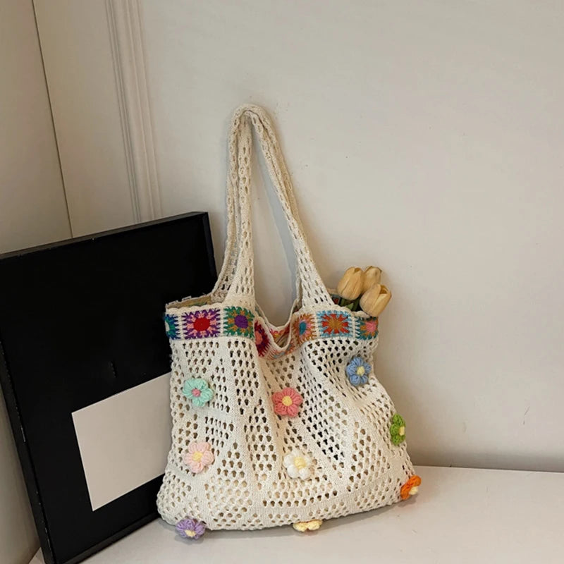 Crochet Flower Beach Tote Bag Women's Boho Shoulder Bag
