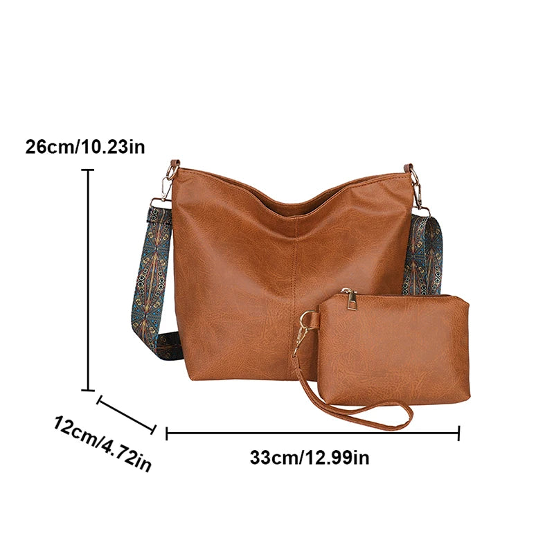 PU Leather Crossbody Bag with Wide Boho Strap + Wristlet Pouch