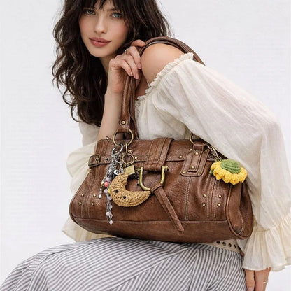 Retro Rivet Shoulder Bag with Padlock & Large Capacity