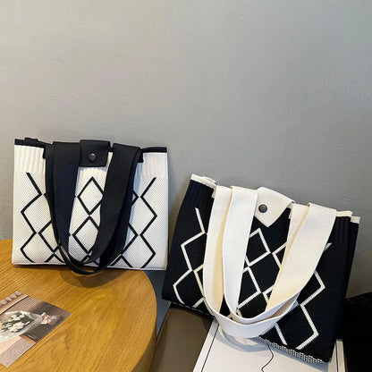 Knit Tote Bag – Argyle Diamond Pattern Large Capacity Shoulder Bag