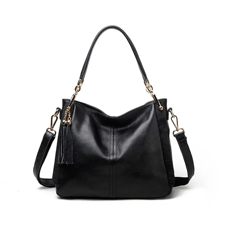 Genuine Leather Tassel Women's Shoulder Bag – Luxury Hobo Handbag with Crossbody Strap