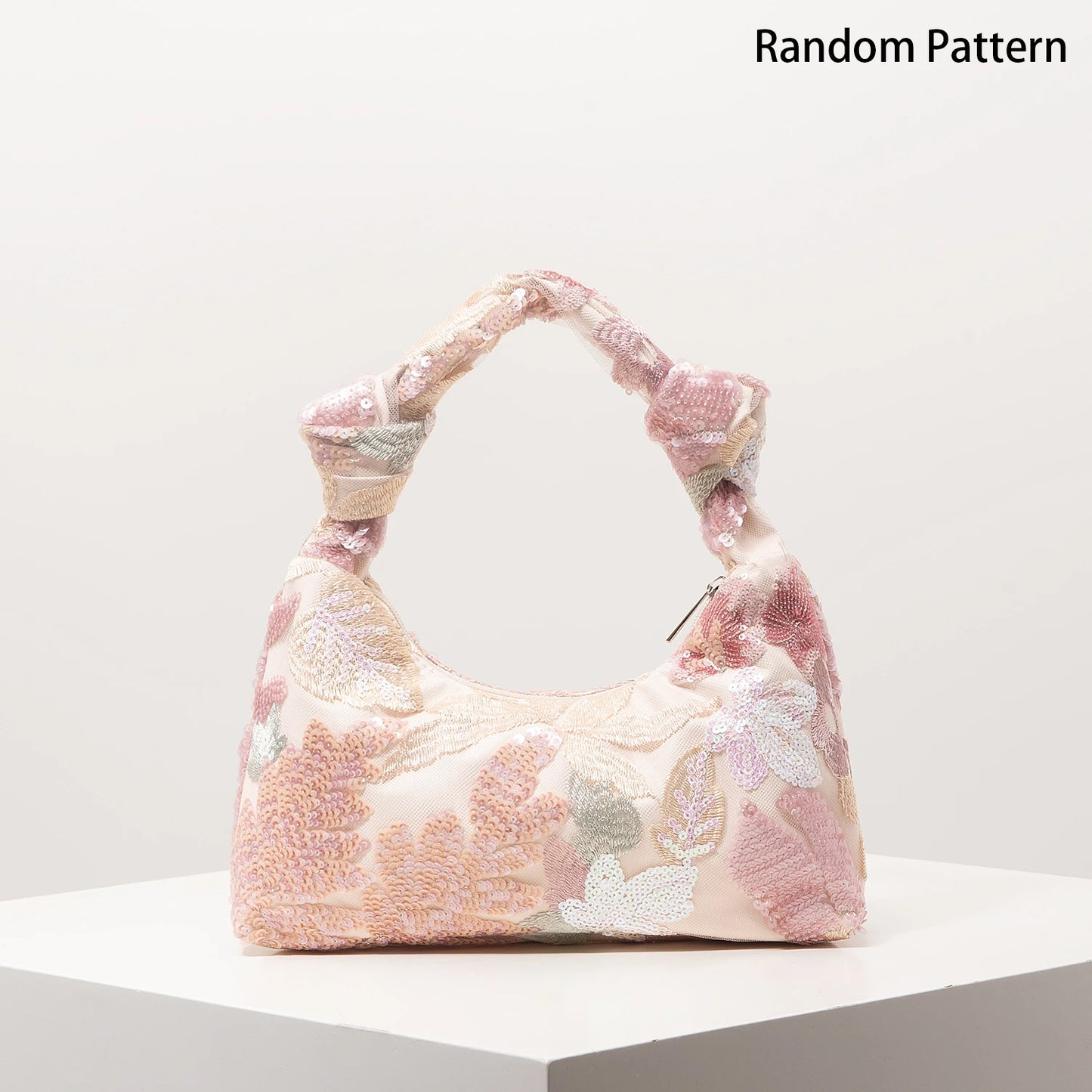 Floral Sequin Hobo Bag – Embroidery Knotted Handle Shoulder Purse